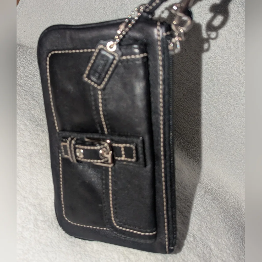 Coach Black and Silver Leather Wristlet Clutch